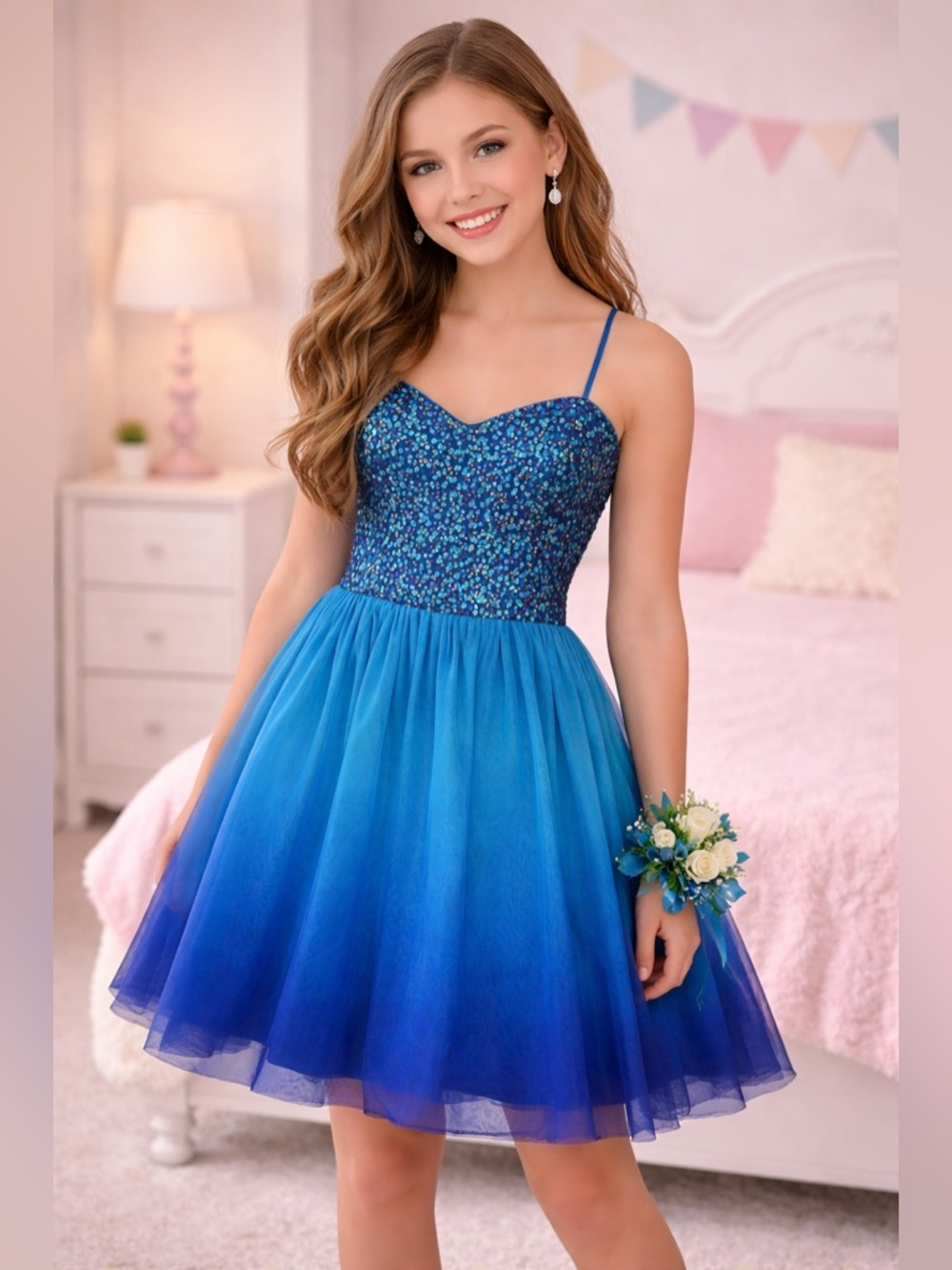 13/14-HAILEY LOGAN by Adrianna Papell -Blue Sequin Bodice Spaghetti Strap Dress